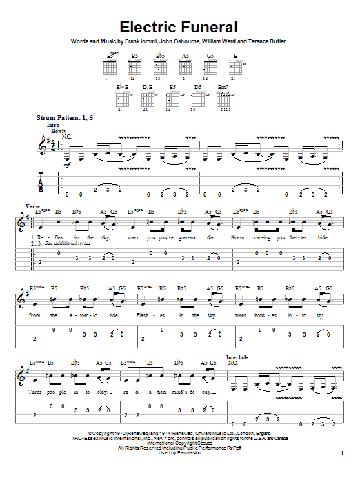 Black Sabbath Electric Funeral Sheet Music Notes & Chords for Easy Guitar Tab - Download or Print PDF