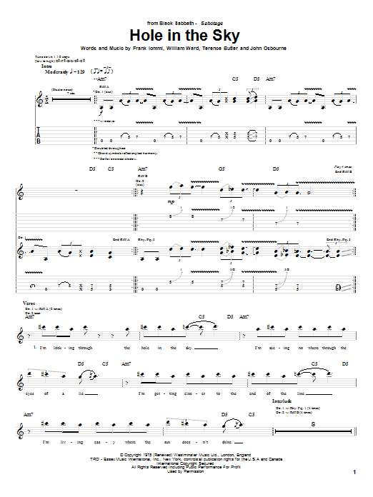 Black Sabbath Hole In The Sky Sheet Music Notes & Chords for Guitar Tab - Download or Print PDF