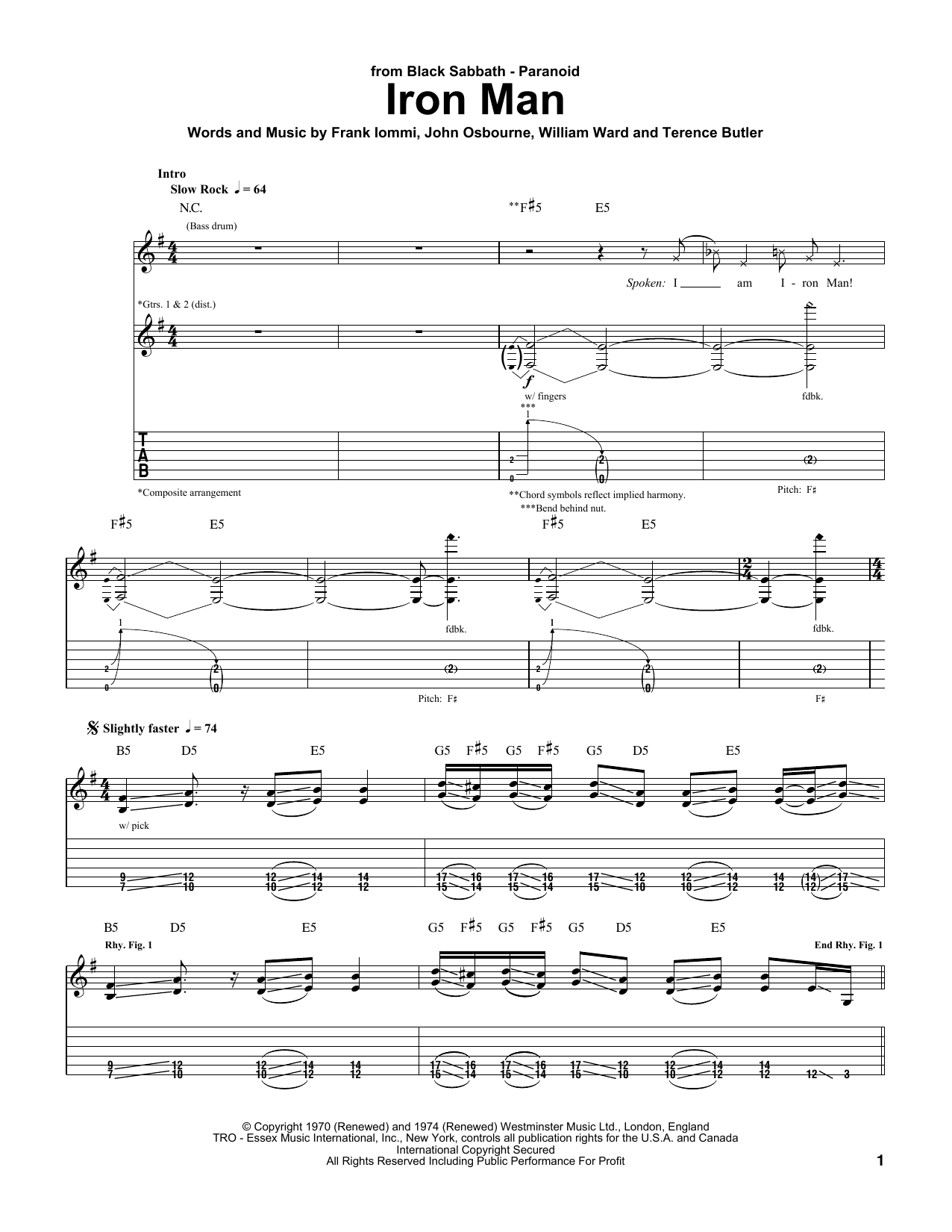 Black Sabbath Iron Man Sheet Music Notes & Chords for Guitar Chords/Lyrics - Download or Print PDF