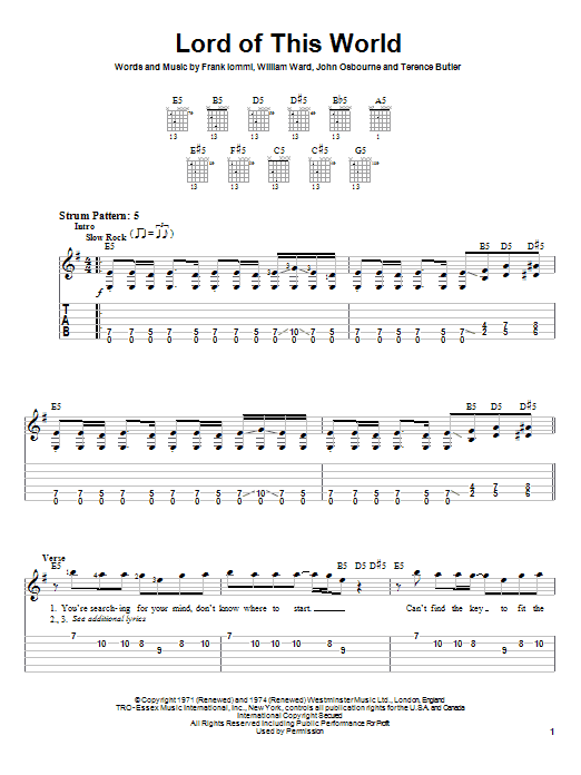 Black Sabbath Lord Of This World Sheet Music Notes & Chords for Easy Guitar Tab - Download or Print PDF