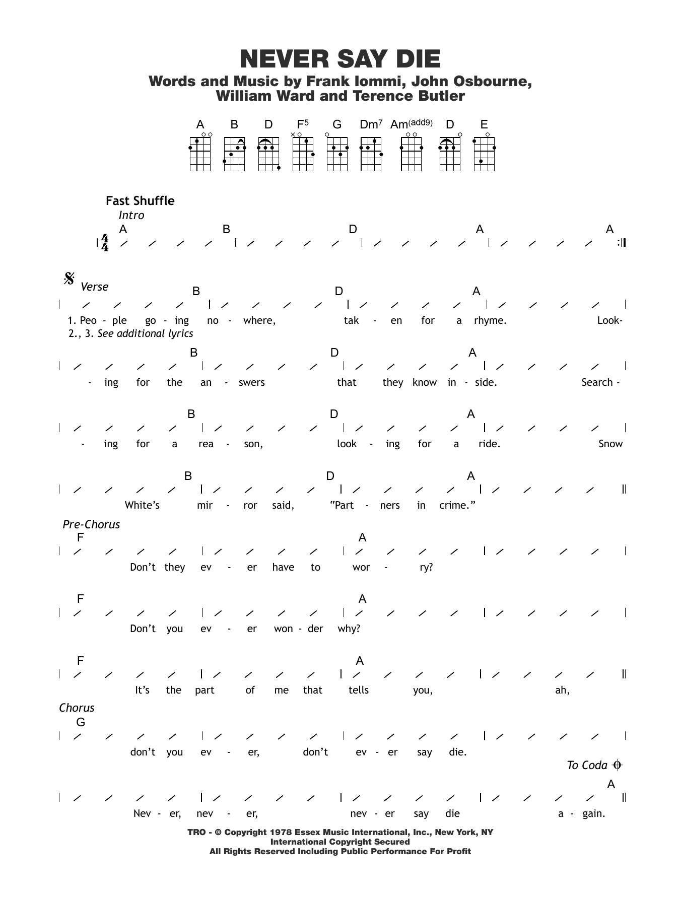 Black Sabbath Never Say Die Sheet Music Notes & Chords for Ukulele with strumming patterns - Download or Print PDF