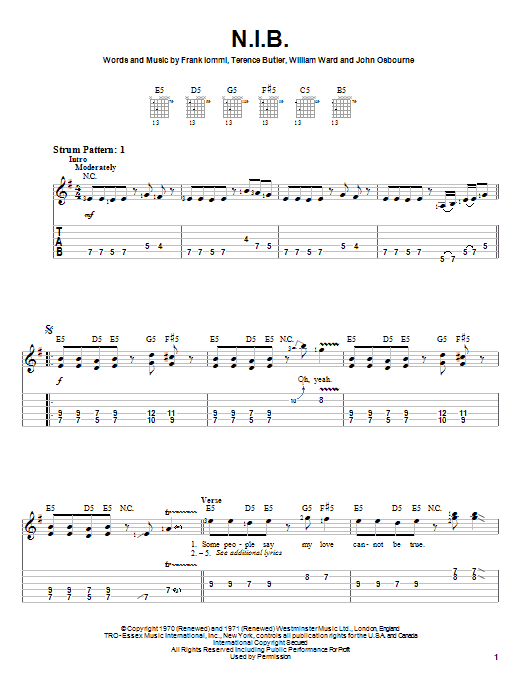 Black Sabbath N.I.B. Sheet Music Notes & Chords for Easy Guitar Tab - Download or Print PDF