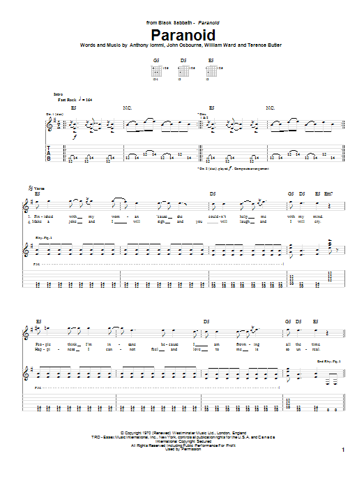 Black Sabbath Paranoid Sheet Music Notes & Chords for Guitar Tab - Download or Print PDF