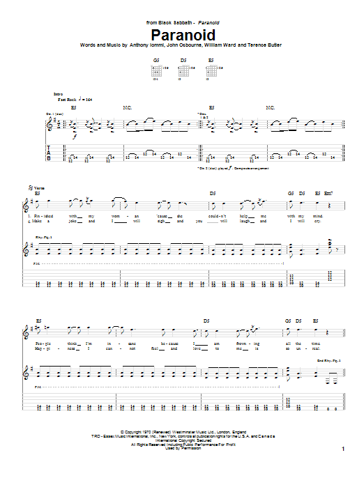 Black Sabbath Paranoid Sheet Music Notes & Chords for Piano, Vocal & Guitar (Right-Hand Melody) - Download or Print PDF