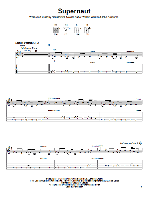 Black Sabbath Supernaut Sheet Music Notes & Chords for Easy Guitar Tab - Download or Print PDF