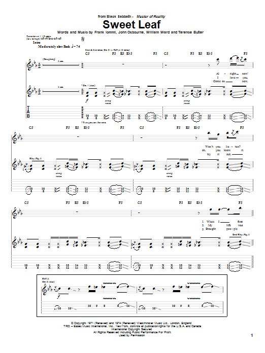 Black Sabbath Sweet Leaf Sheet Music Notes & Chords for Lyrics & Chords - Download or Print PDF