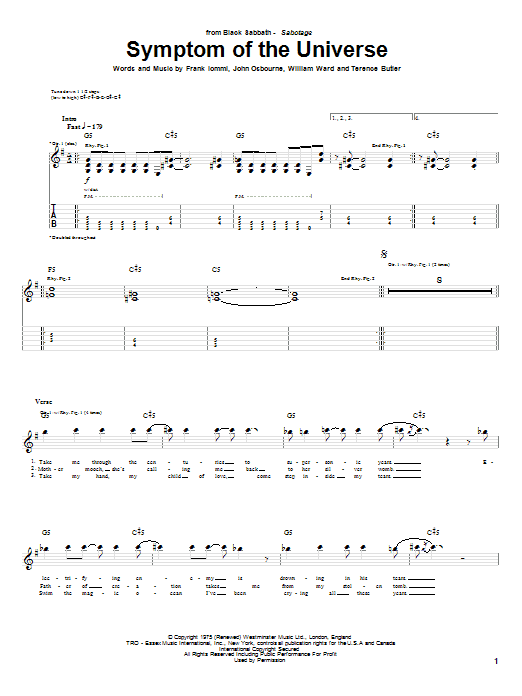 Black Sabbath Symptom Of The Universe Sheet Music Notes & Chords for Guitar Tab - Download or Print PDF