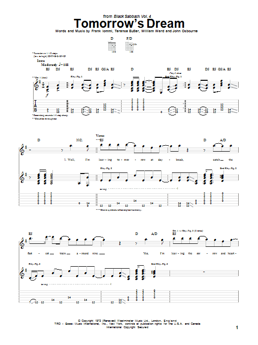 Black Sabbath Tomorrow's Dream Sheet Music Notes & Chords for Guitar Tab - Download or Print PDF