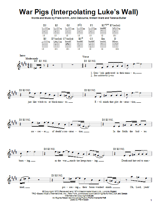 Black Sabbath War Pigs (Interpolating Luke's Wall) sheet music notes and chords. Download Printable PDF.