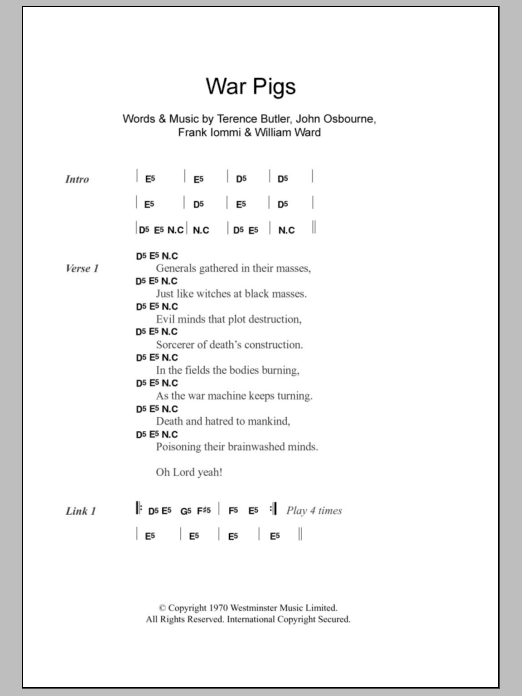 Black Sabbath War Pigs Sheet Music Notes & Chords for Ukulele with strumming patterns - Download or Print PDF