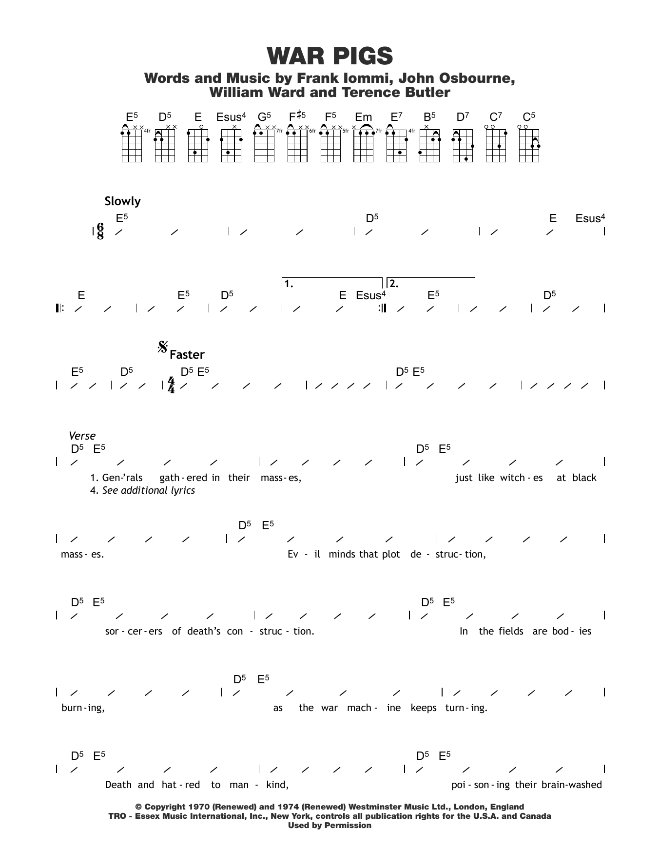Black Sabbath War Pigs Sheet Music Notes & Chords for Ukulele with strumming patterns - Download or Print PDF