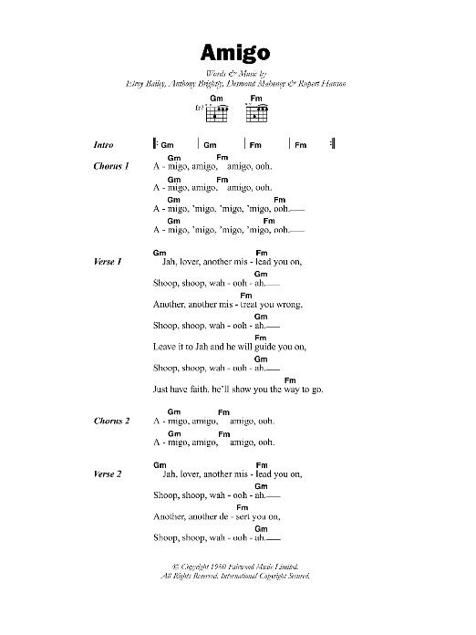 Black Slate Amigo Sheet Music Notes & Chords for Lyrics & Chords - Download or Print PDF