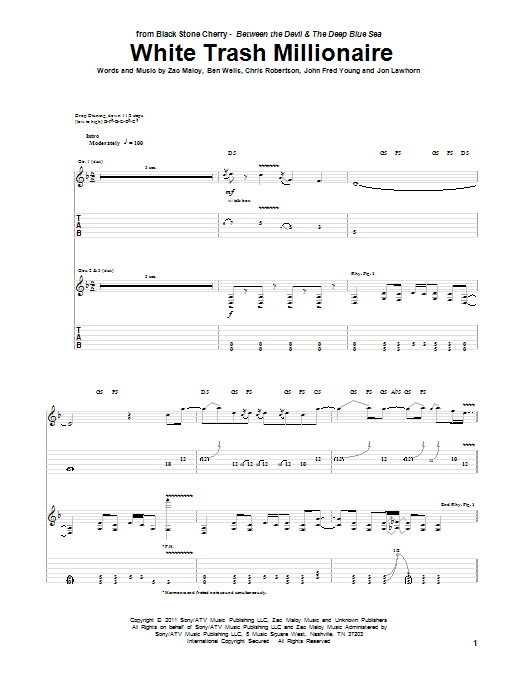 Black Stone Cherry White Trash Millionaire Sheet Music Notes & Chords for Guitar Tab - Download or Print PDF