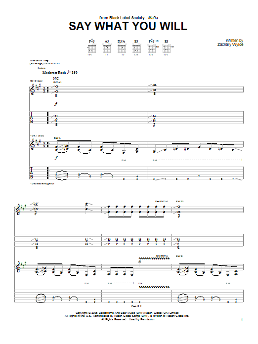 Preview Black Label Society Say What You Will Pop sheet music, notes and chords for Guitar Tab, SKU: 65017 Say What You Will sheet music