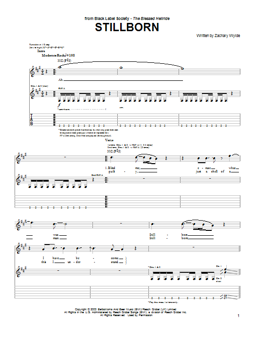 Preview Black Label Society Stillborn Pop sheet music, notes and chords for Guitar Tab, SKU: 65036 Stillborn sheet music