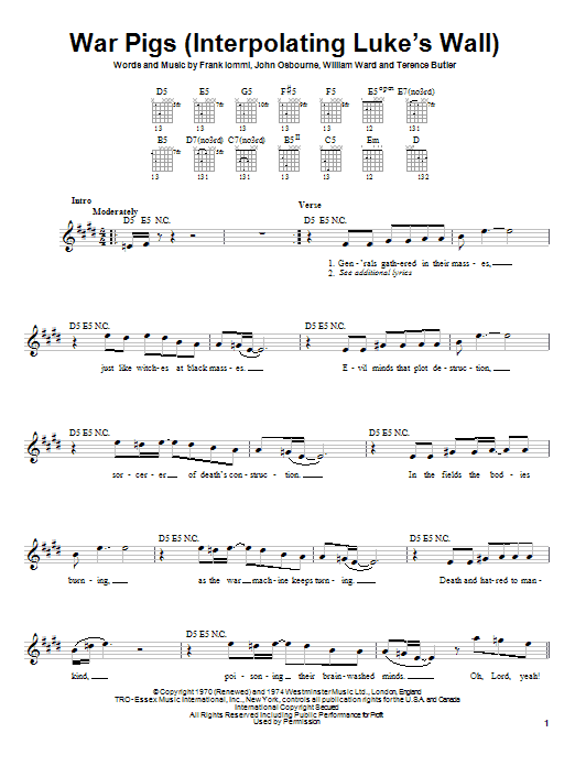 Preview Black Sabbath War Pigs (Interpolating Luke's Wall) Metal sheet music, notes and chords for Guitar Tab Play-Along, SKU: 58930 War Pigs (Interpolating Luke's Wall) sheet music