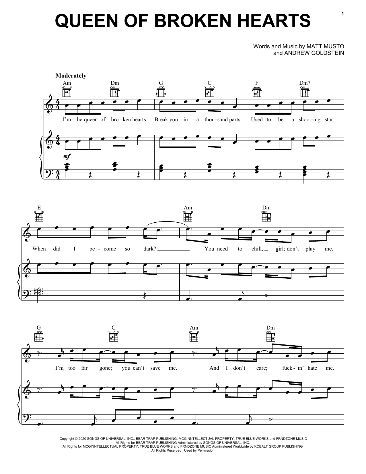 blackbear queen of broken hearts Sheet Music Notes & Chords for Piano, Vocal & Guitar (Right-Hand Melody) - Download or Print PDF