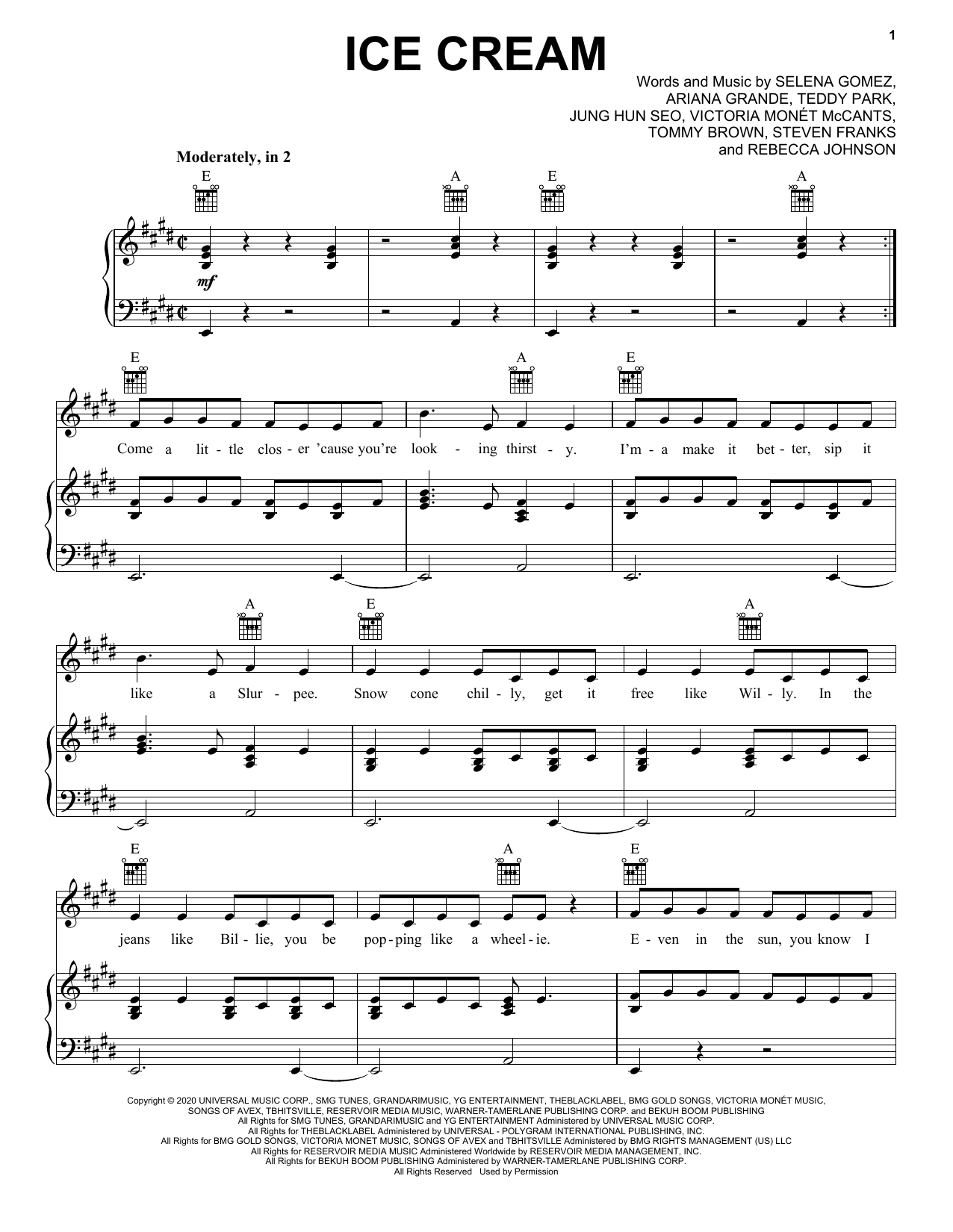 BLACKPINK Ice Cream (with Selena Gomez) Sheet Music Notes & Chords for Piano, Vocal & Guitar (Right-Hand Melody) - Download or Print PDF