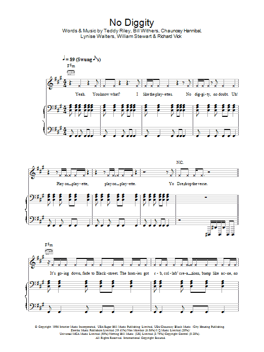 Blackstreet No Diggity Sheet Music Notes & Chords for Piano, Vocal & Guitar (Right-Hand Melody) - Download or Print PDF