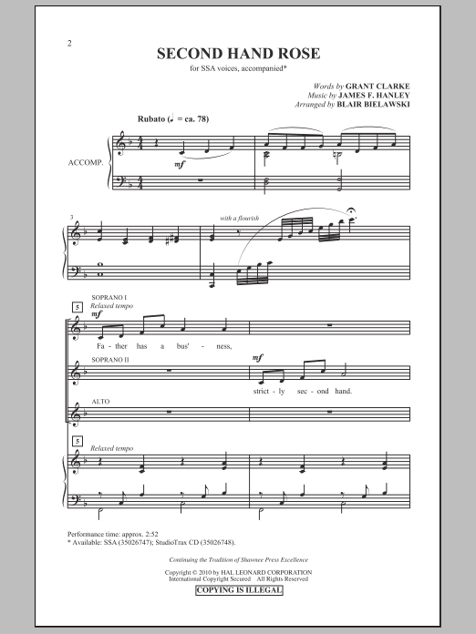 Blair Bielawski Second Hand Rose Sheet Music Notes & Chords for SSA - Download or Print PDF