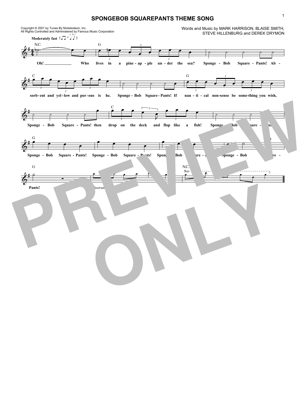 Mark Harrison SpongeBob SquarePants Theme Song Sheet Music Notes & Chords for Melody Line, Lyrics & Chords - Download or Print PDF