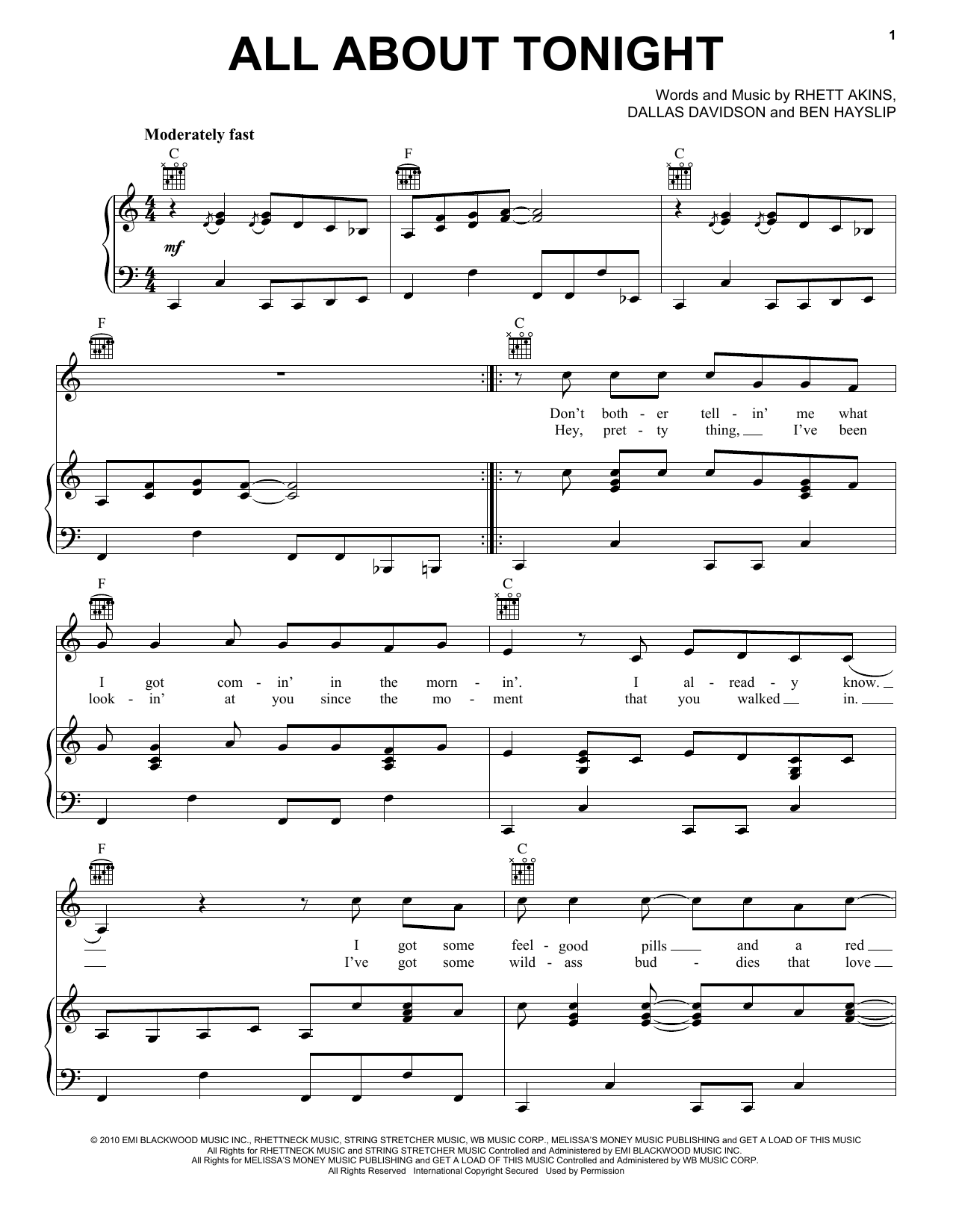 Blake Shelton All About Tonight Sheet Music Notes & Chords for Piano, Vocal & Guitar (Right-Hand Melody) - Download or Print PDF