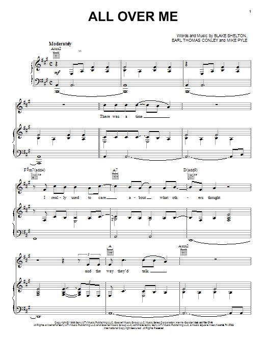 Blake Shelton All Over Me Sheet Music Notes & Chords for Piano, Vocal & Guitar (Right-Hand Melody) - Download or Print PDF