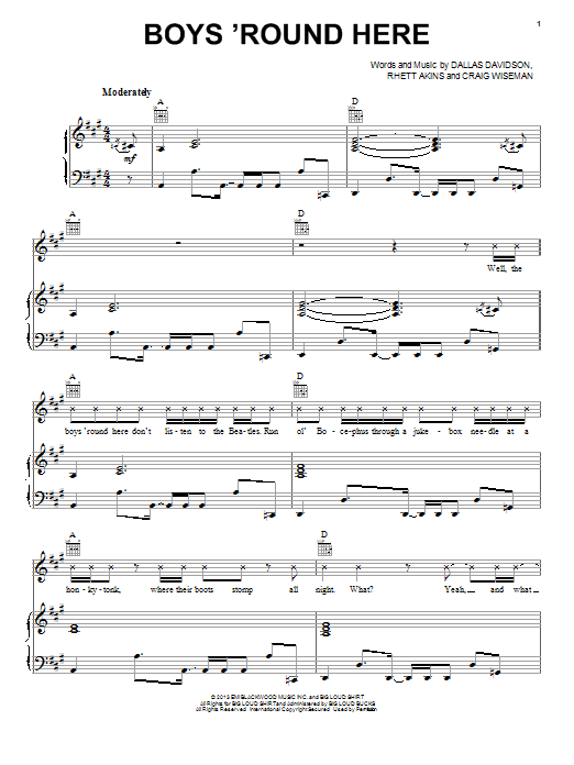 Blake Shelton Boys 'Round Here Sheet Music Notes & Chords for Piano, Vocal & Guitar (Right-Hand Melody) - Download or Print PDF