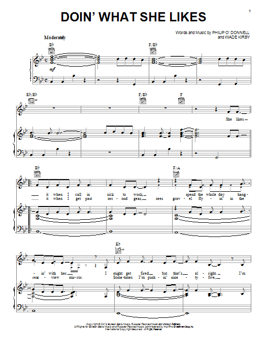 Blake Shelton Doin' What She Likes Sheet Music Notes & Chords for Piano, Vocal & Guitar (Right-Hand Melody) - Download or Print PDF Blake Shelton Doin' What She Likes Sheet Music Notes & Chords for Piano, Vocal & Guitar (Right-Hand Melody) - Download or Print PDF