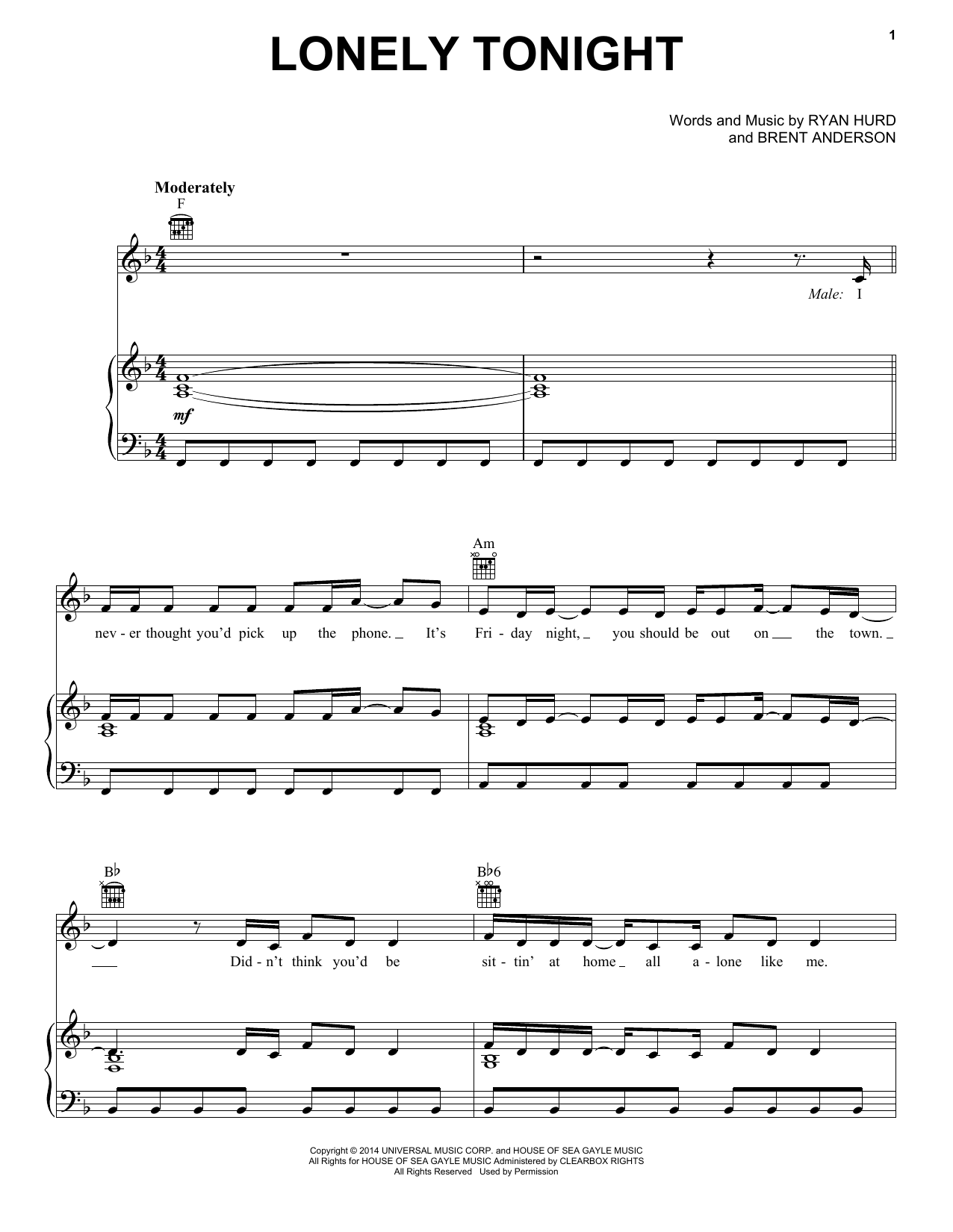 Blake Shelton feat. Ashley Monroe Lonely Tonight Sheet Music Notes & Chords for Piano, Vocal & Guitar (Right-Hand Melody) - Download or Print PDF