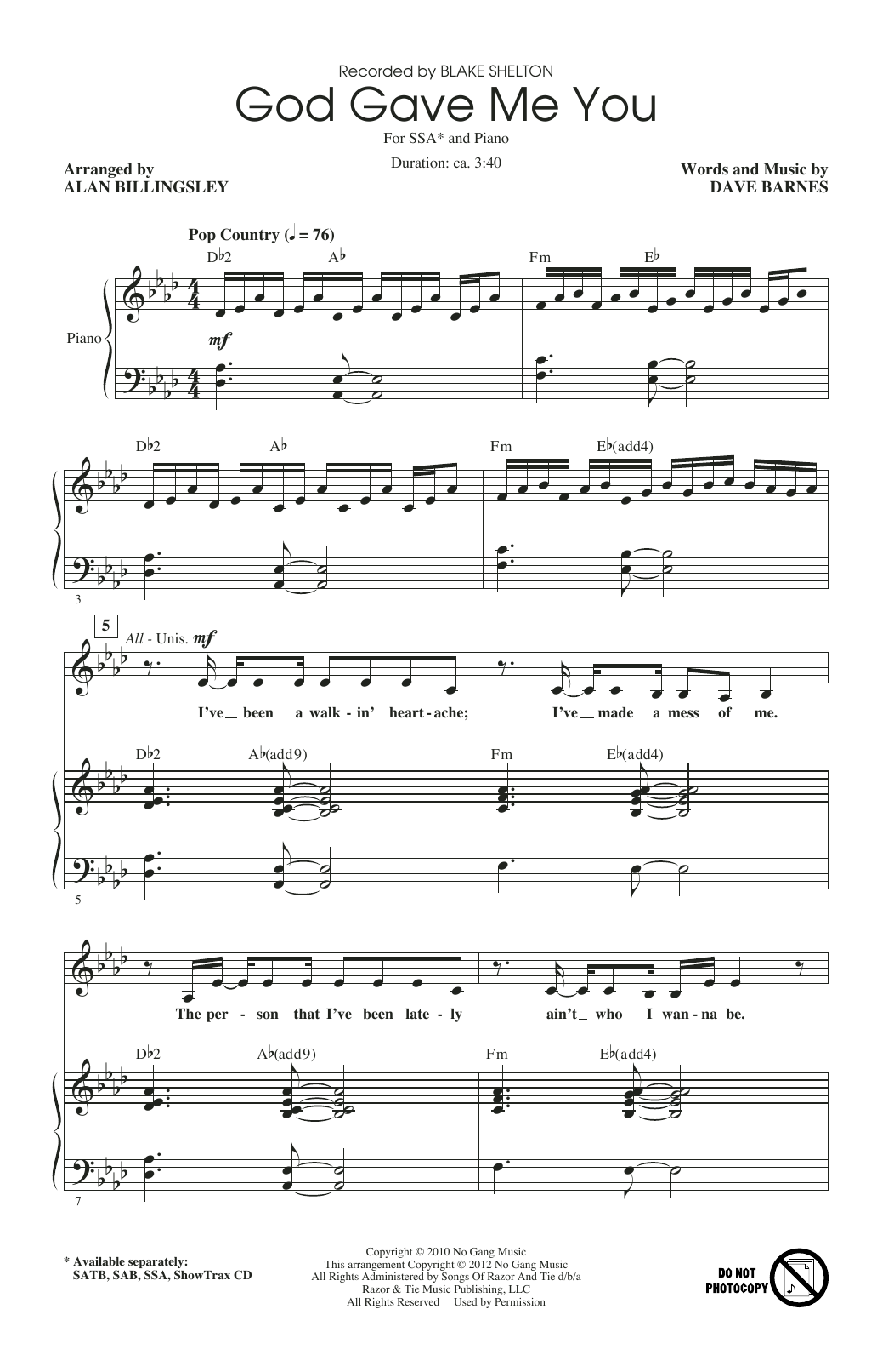 Blake Shelton God Gave Me You (arr. Alan Billingsley) Sheet Music Notes & Chords for SAB Choir - Download or Print PDF