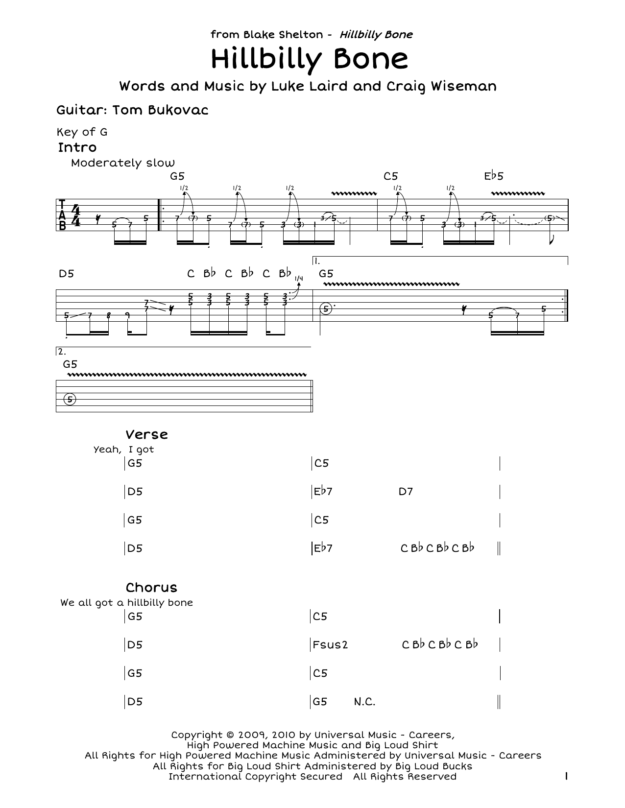 Blake Shelton Hillbilly Bone (feat. Trace Adkins) Sheet Music Notes & Chords for Guitar Tab - Download or Print PDF
