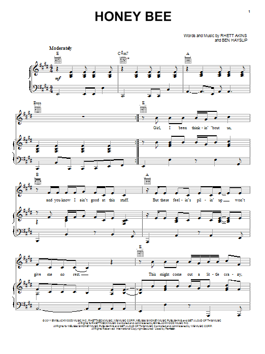Blake Shelton Honey Bee Sheet Music Notes & Chords for Piano, Vocal & Guitar (Right-Hand Melody) - Download or Print PDF