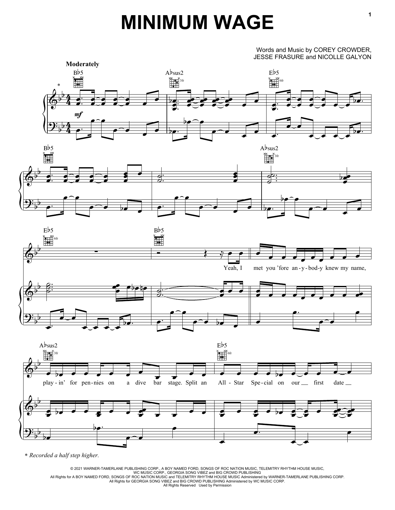 Blake Shelton Minimum Wage Sheet Music Notes & Chords for Piano, Vocal & Guitar Chords (Right-Hand Melody) - Download or Print PDF