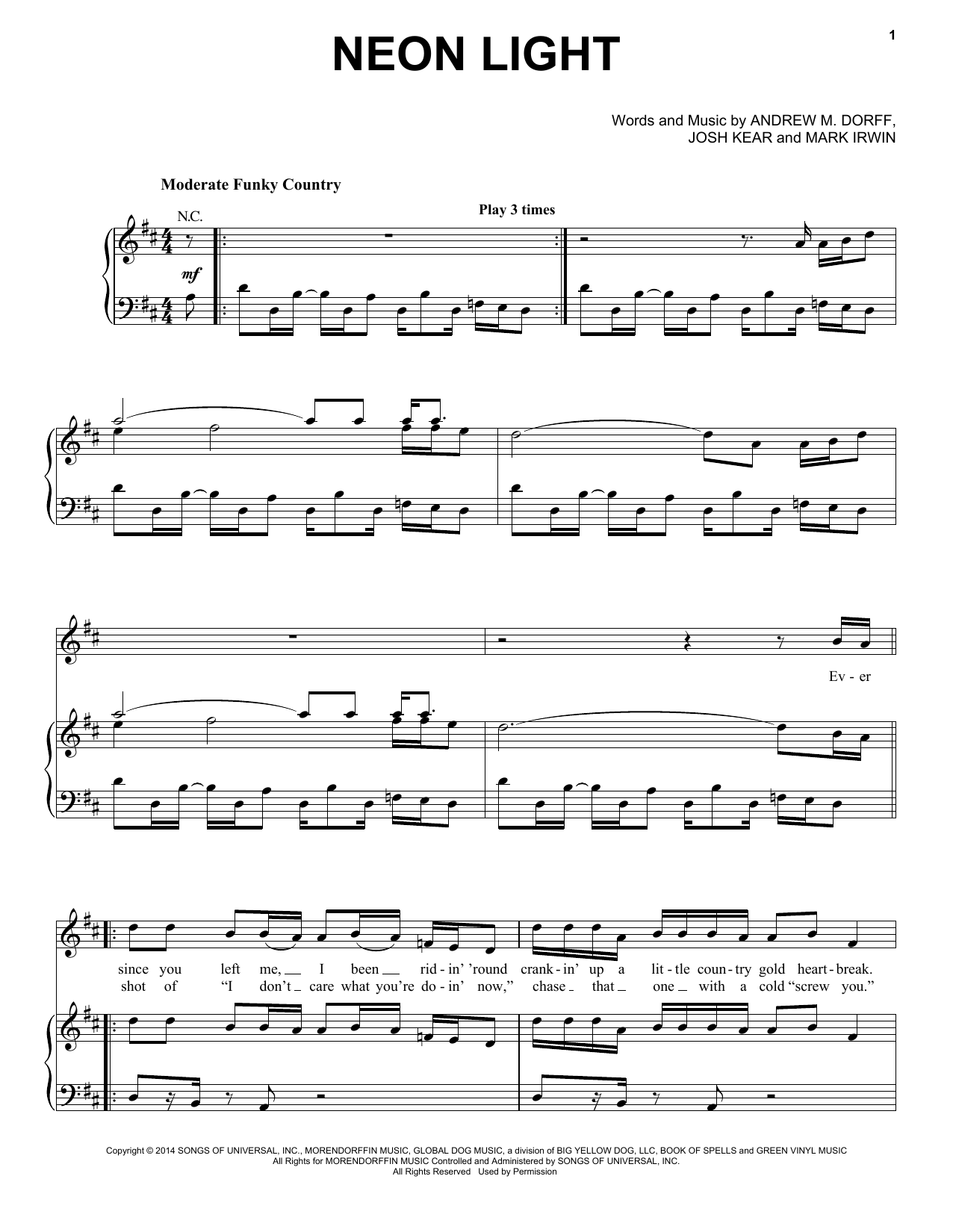 Blake Shelton Neon Light Sheet Music Notes & Chords for Piano, Vocal & Guitar (Right-Hand Melody) - Download or Print PDF