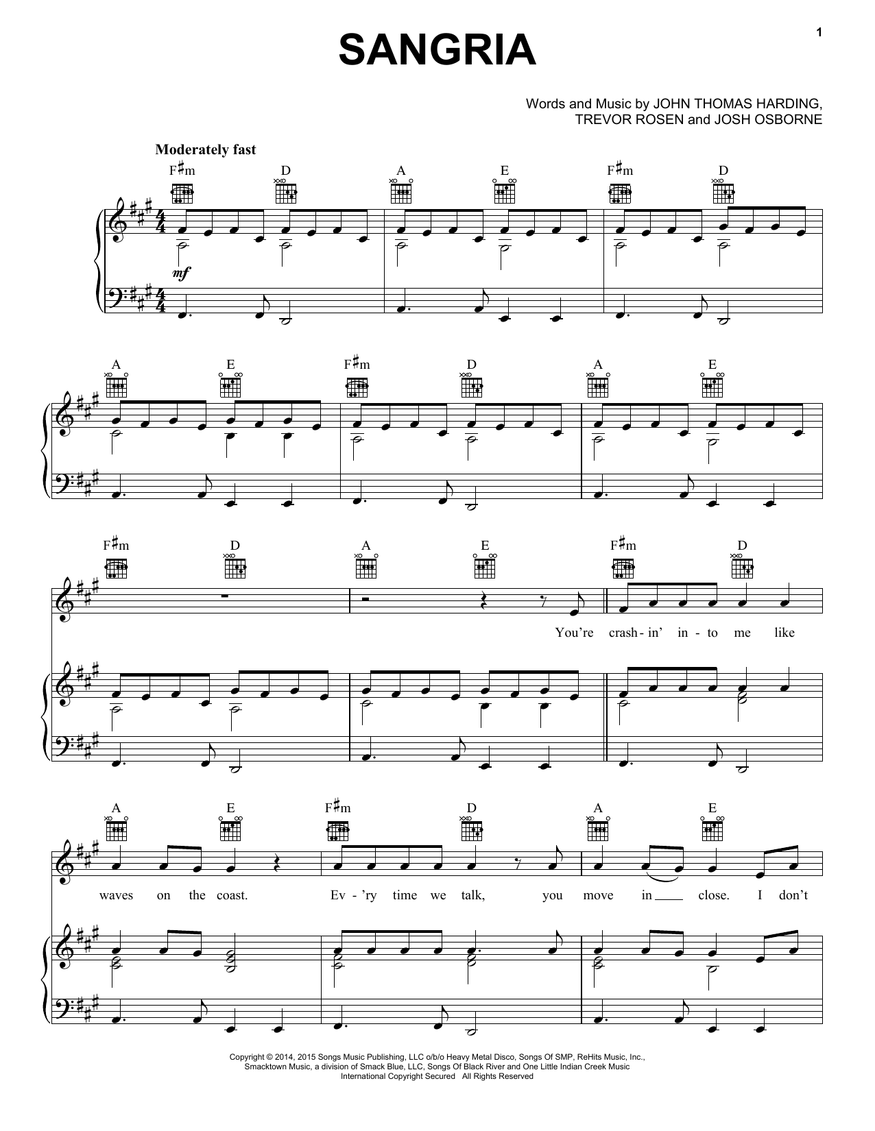 Blake Shelton Sangria Sheet Music Notes & Chords for Piano, Vocal & Guitar (Right-Hand Melody) - Download or Print PDF