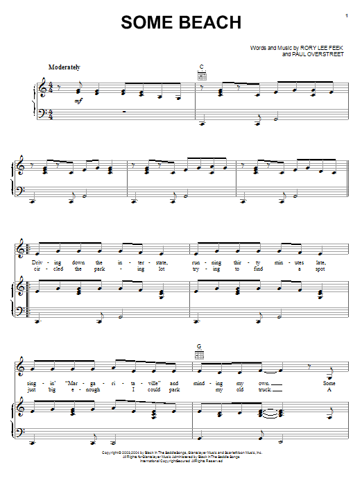 Blake Shelton Some Beach Sheet Music Notes & Chords for Piano, Vocal & Guitar (Right-Hand Melody) - Download or Print PDF
