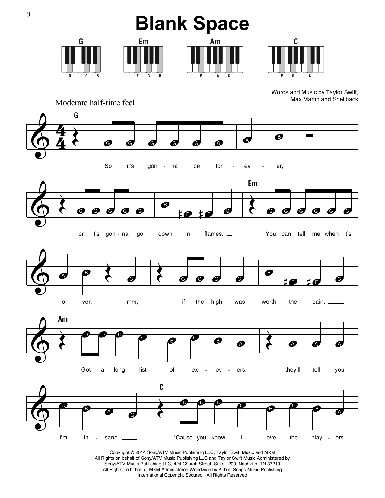 Taylor Swift Blank Space Sheet Music Download Pdf Score