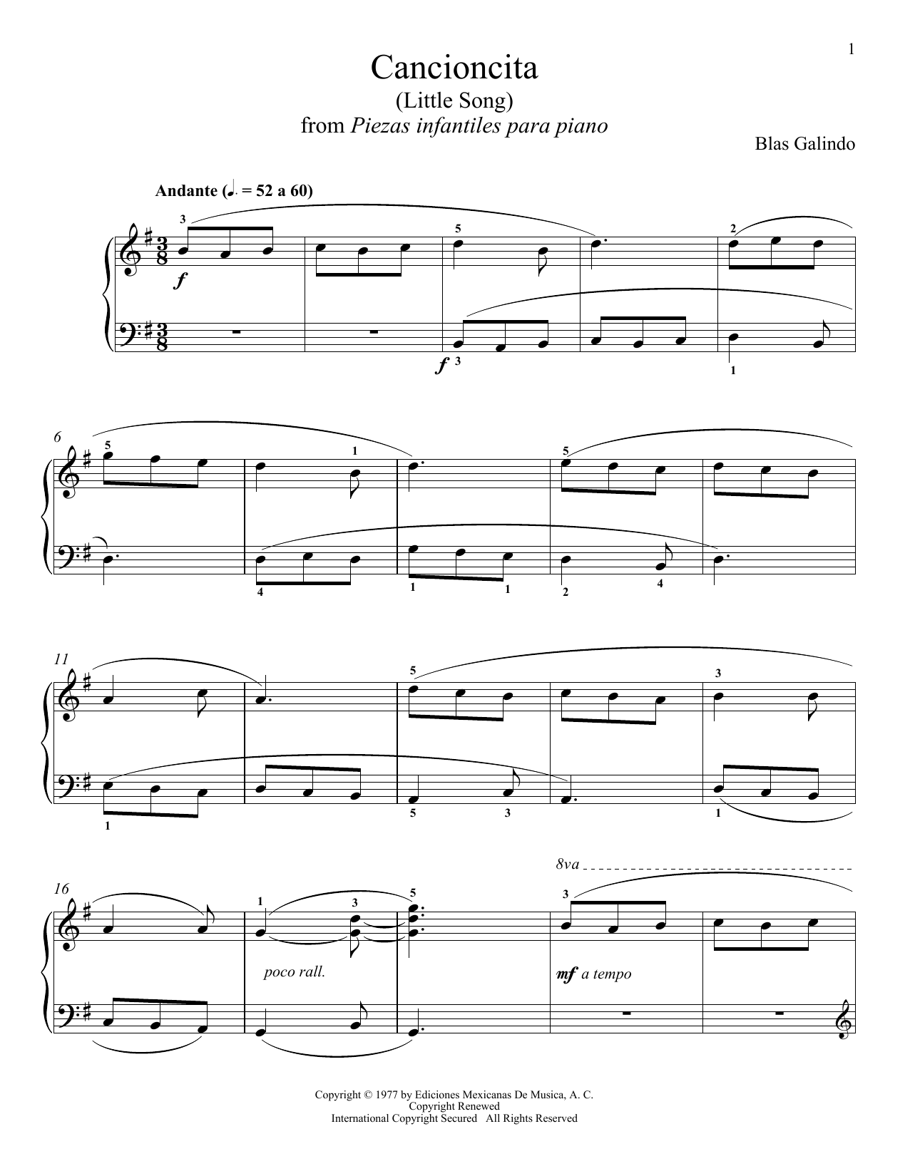 Blas Galindo Cancioncita Sheet Music Notes & Chords for Piano Solo - Download or Print PDF