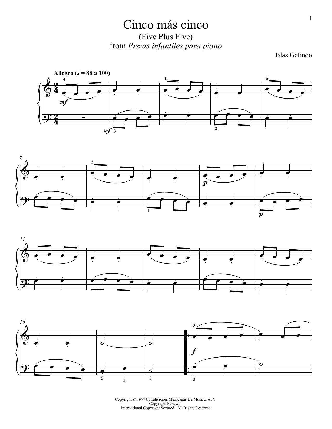 Blas Galindo Cinco Mas Cinco Sheet Music Notes & Chords for Piano Solo - Download or Print PDF Blas Galindo Cinco Mas Cinco Sheet Music Notes & Chords for Piano Solo - Download or Print PDF