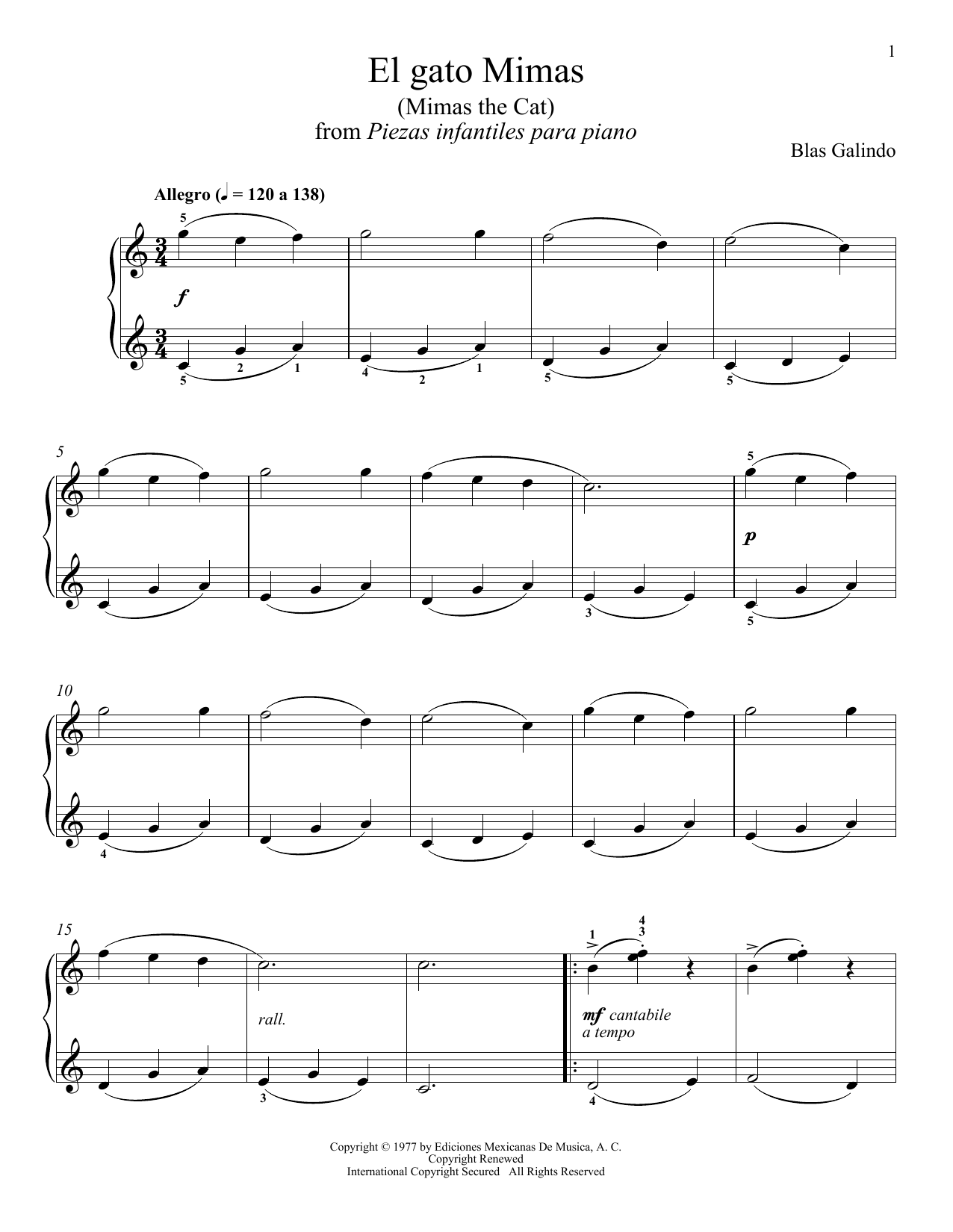 Blas Galindo El Gato Mimas Sheet Music Notes & Chords for Piano Solo - Download or Print PDF