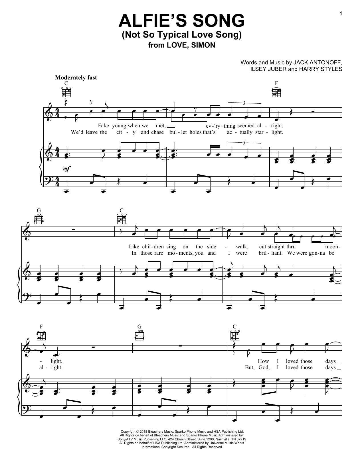 Bleachers Alfie's Song (Not So Typical Love Song) (from Love, Simon) Sheet Music Notes & Chords for Piano, Vocal & Guitar (Right-Hand Melody) - Download or Print PDF