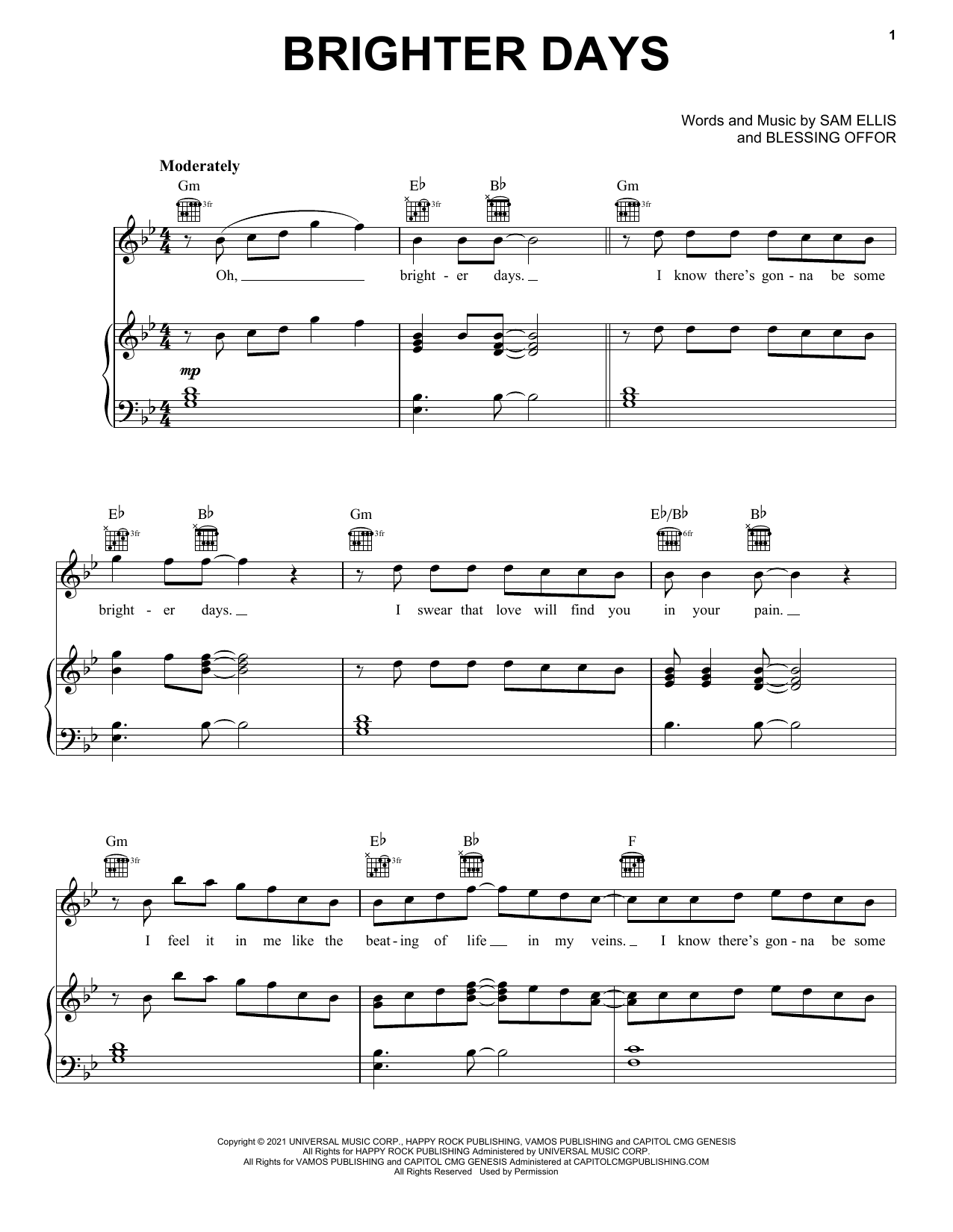 Blessing Offor Brighter Days Sheet Music Notes & Chords for Piano, Vocal & Guitar Chords (Right-Hand Melody) - Download or Print PDF