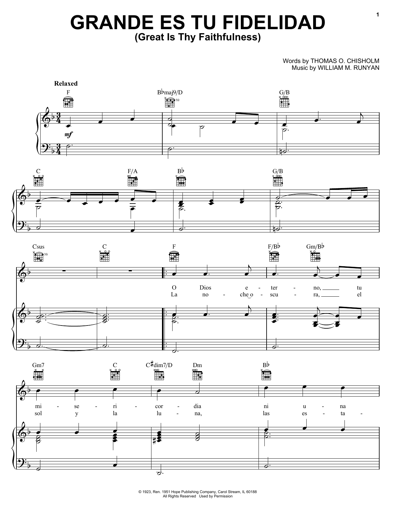 Blest Grande Es Tu Fidelidad (Great Is Thy Faithfulness) Sheet Music Notes & Chords for Piano, Vocal & Guitar (Right-Hand Melody) - Download or Print PDF