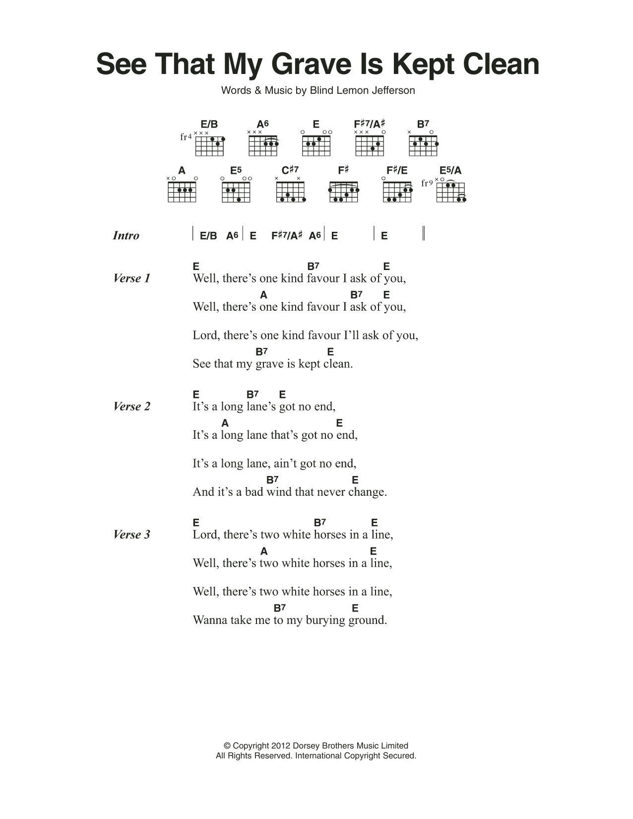 Blind Lemon Jefferson See That My Grave Is Kept Clean Sheet Music Notes & Chords for Lyrics & Chords - Download or Print PDF