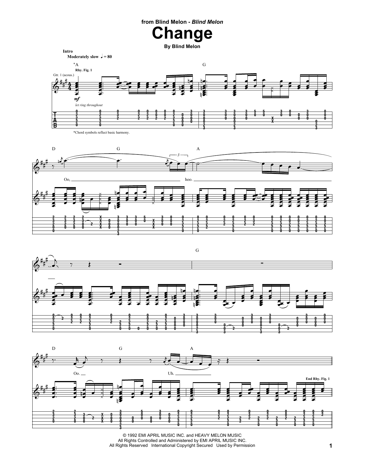 Blind Melon Change Sheet Music Notes & Chords for Guitar Tab - Download or Print PDF