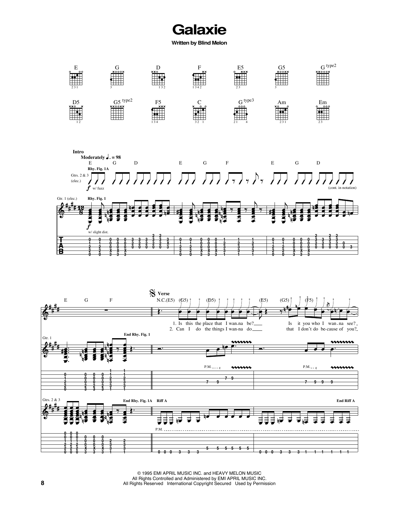 Blind Melon Galaxie Sheet Music Notes & Chords for Guitar Tab - Download or Print PDF