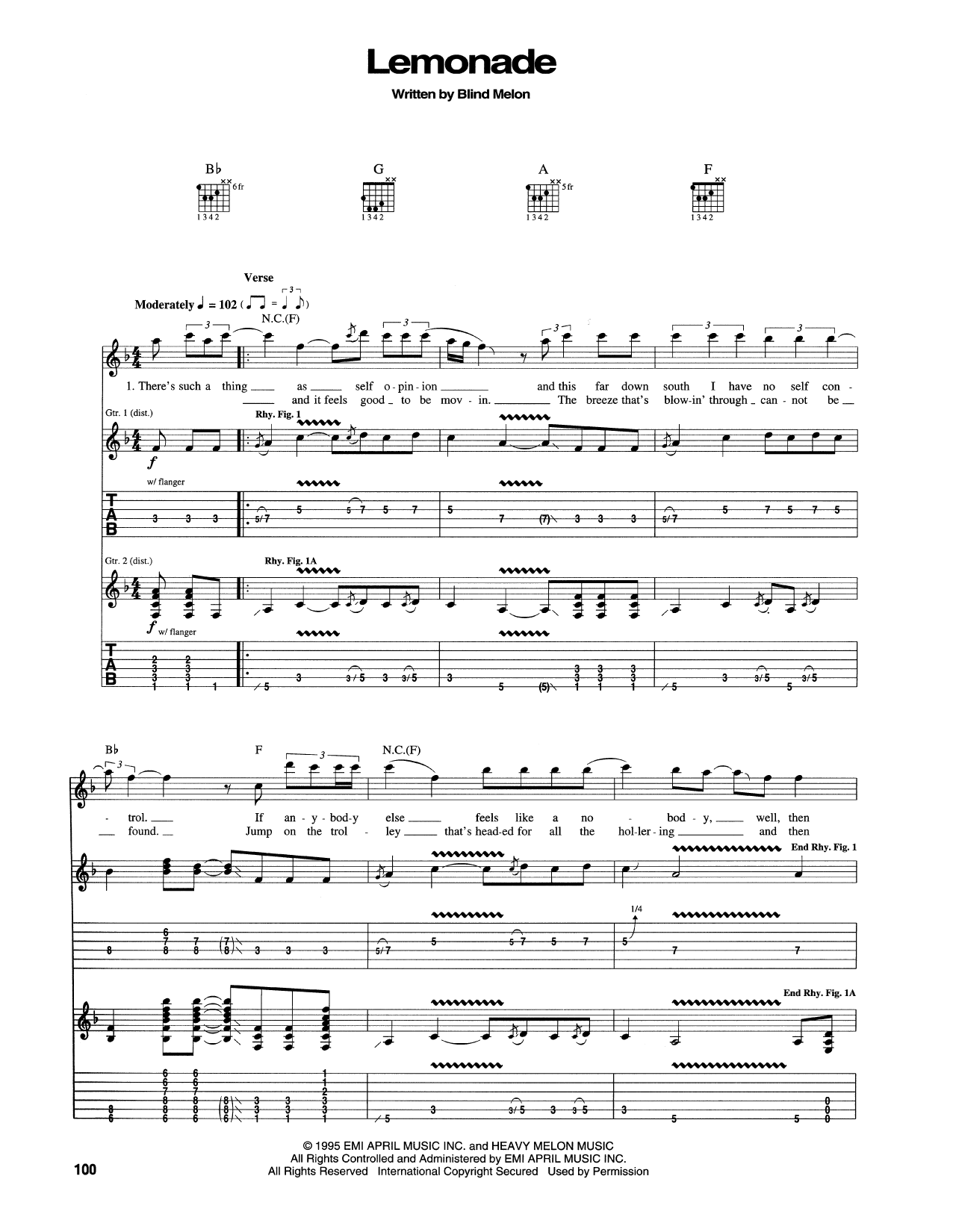 Blind Melon Lemonade Sheet Music Notes & Chords for Guitar Tab - Download or Print PDF