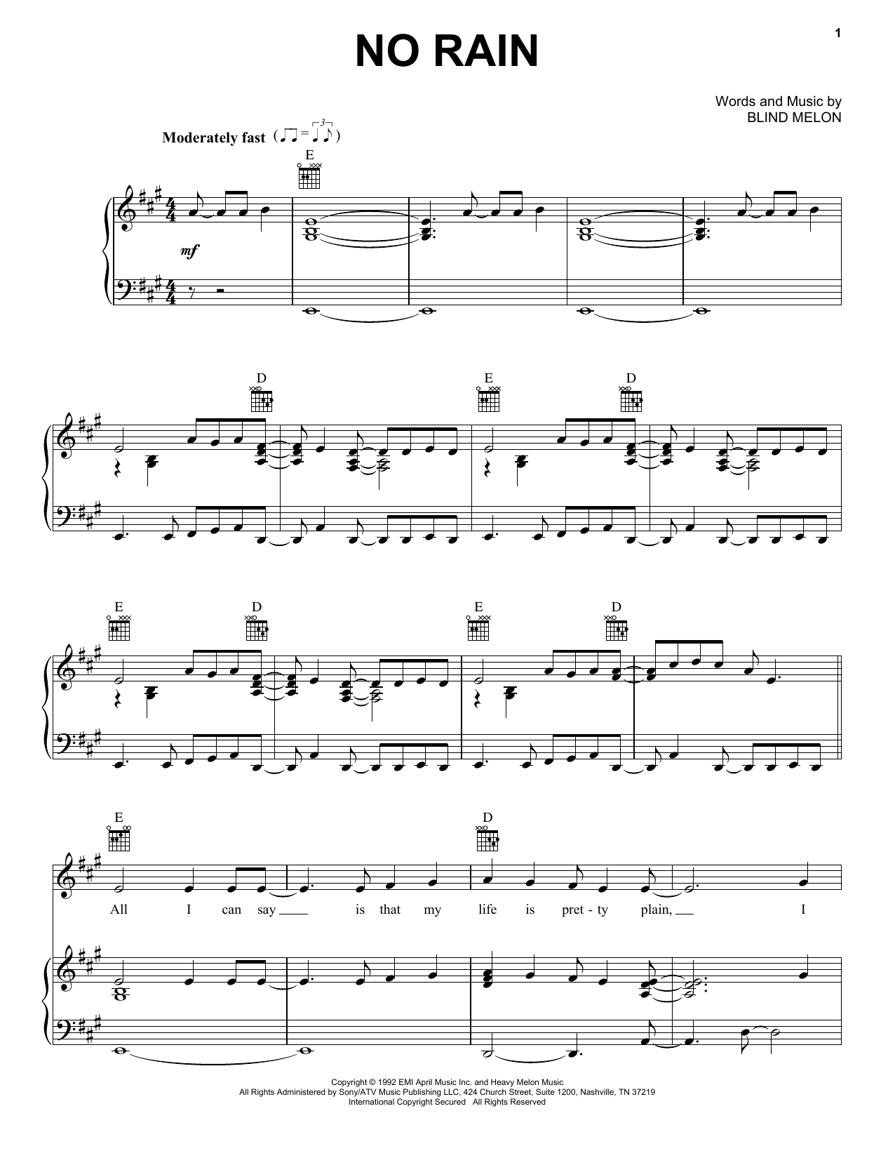 Blind Melon No Rain Sheet Music Notes & Chords for Easy Guitar Tab - Download or Print PDF