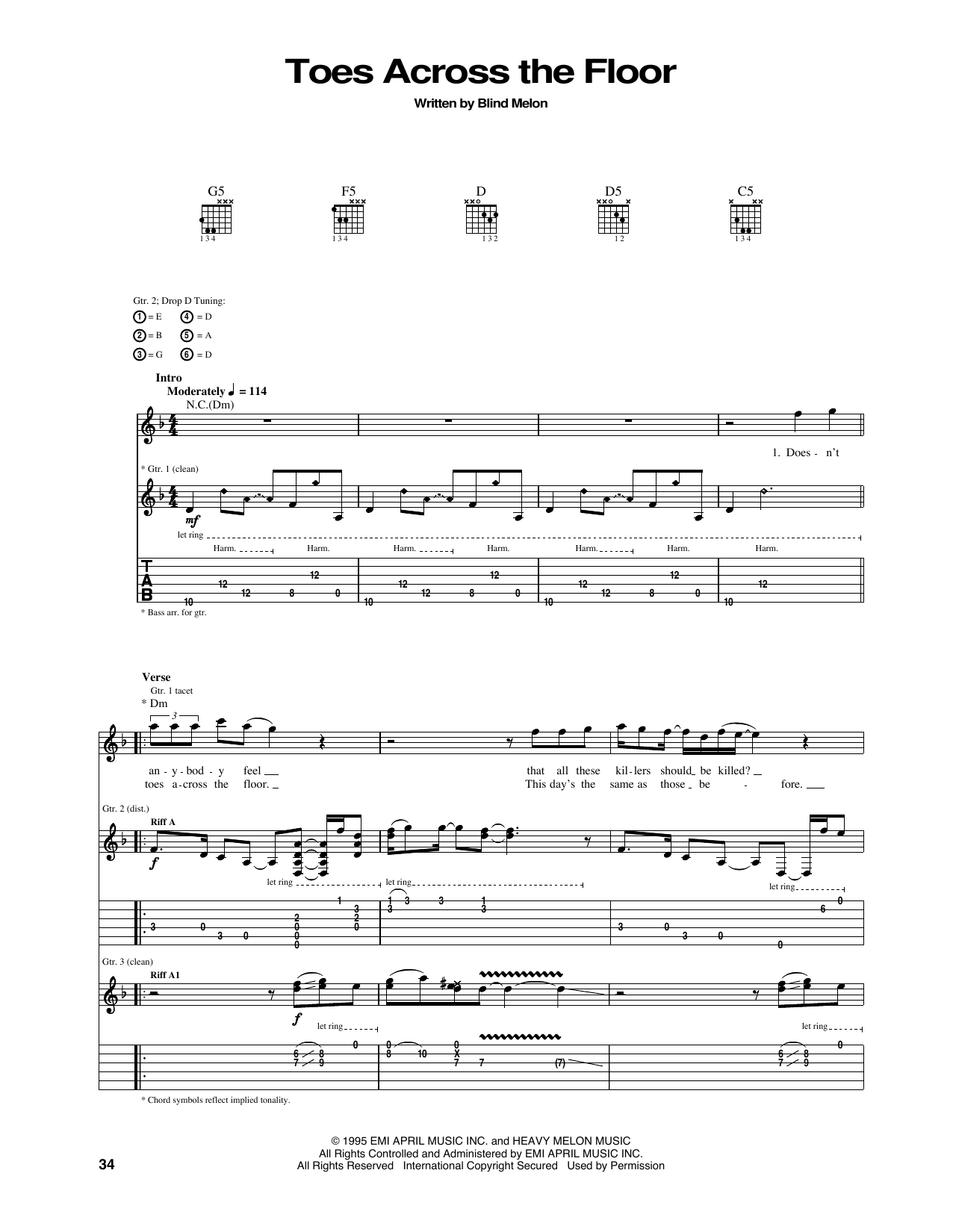 Blind Melon Toes Across The Floor Sheet Music Notes & Chords for Guitar Tab - Download or Print PDF